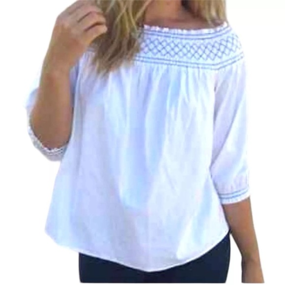 Vineyard Vines Smocked Off The Shoulder Blue Embroidered Neck Cuff Top NWT S - Picture 5 of 16